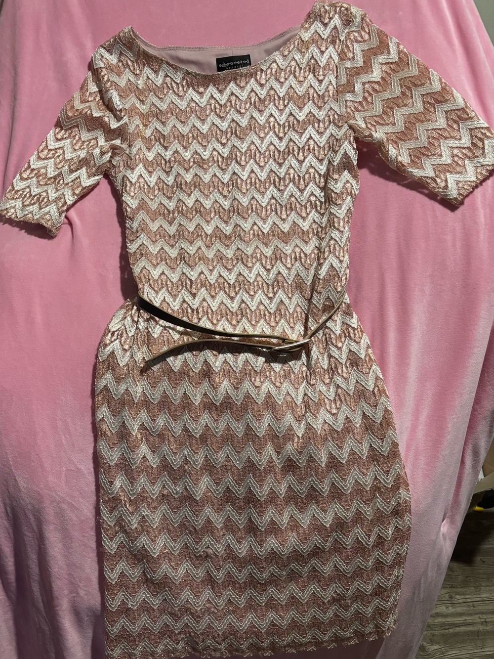 Connected Apparel Rose Gold Metallic Chevron Sheath Dress - Size 6